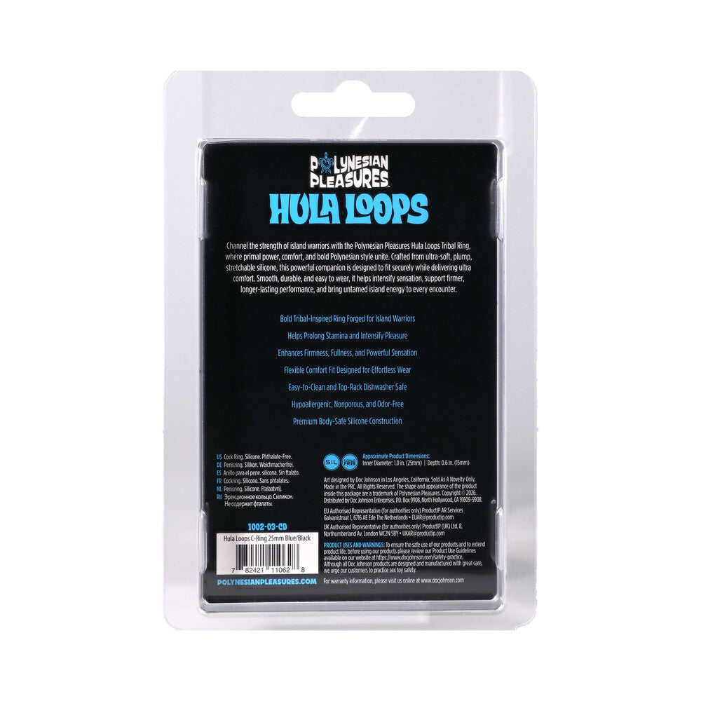 DOC JOHNSON - POLYNESIAN PLEASURES HULA LOOPS ANEL PENIAN DE SILICONE TRIBAL 25MM AZUL/PRETO