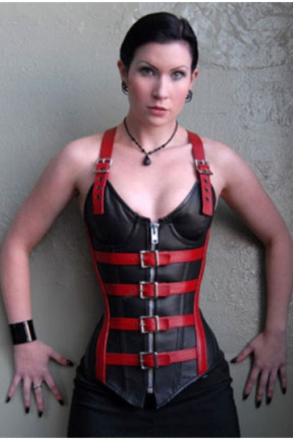 CORSET NEGRO C/ ROJO,CUERO HEBILLAS C/TANGA TM