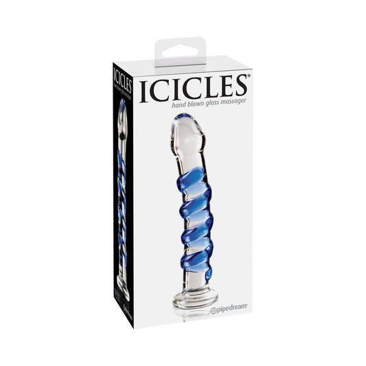 PIPEDREAM - ICICLES NO. 5 CURVED RIBBED 7 IN. GLASS DILDO BLUE/CLEAR