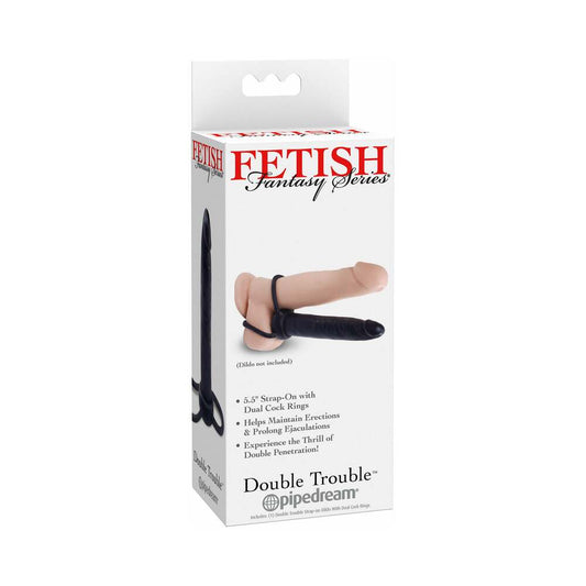 PIPEDREAM - FETISH FANTASY SERIES DOUBLE TROUBLE DUAL COCKRING STRAP-ON WITH 5.5 IN. DILDO BLACK