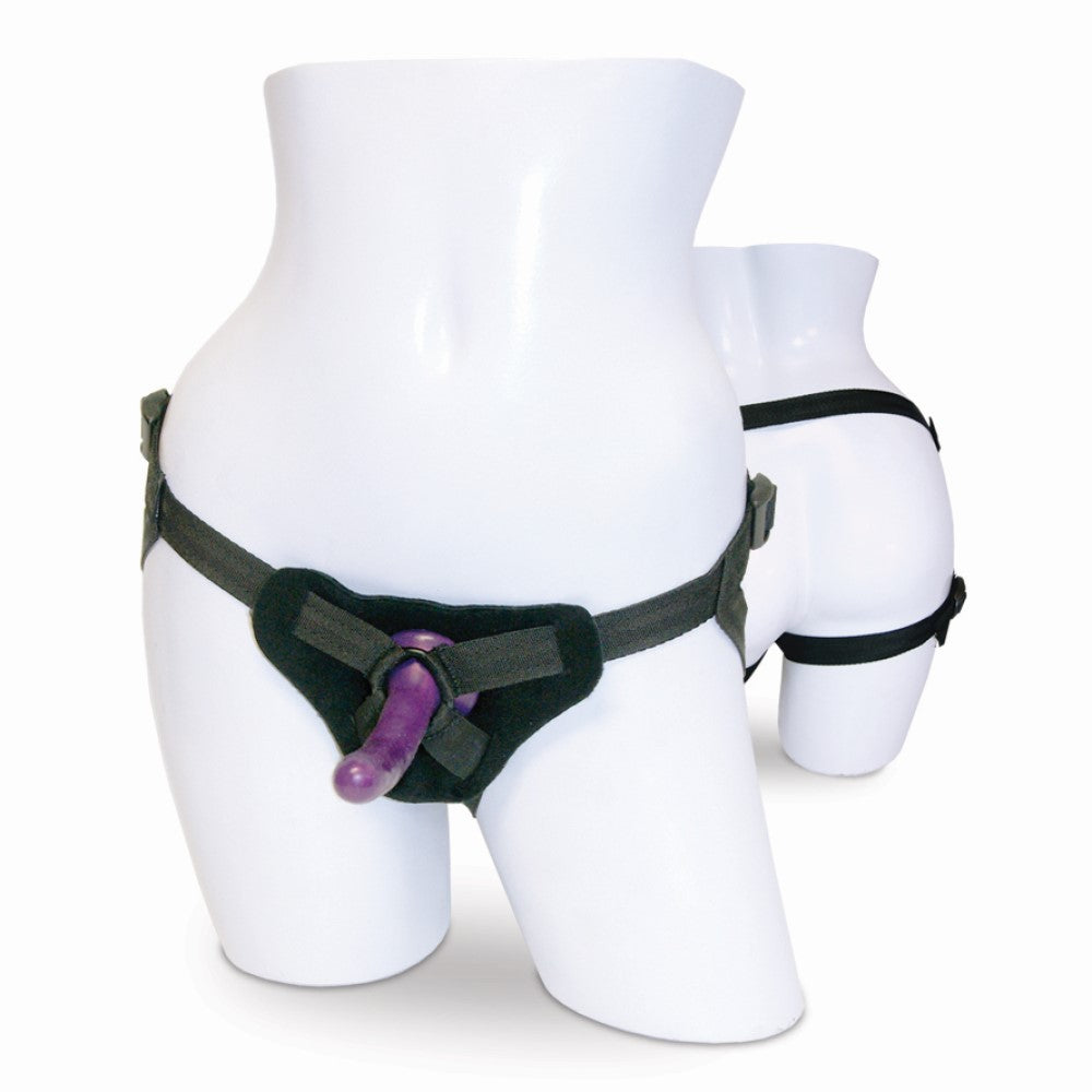 SPORTSHEETS - KIT DE STRAP-ON AJUSTÁVEL E DILDO DE SILICONE SEX & MISCHIEF ROXO/PRETO