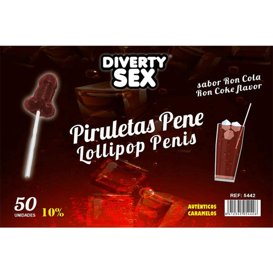 DIVERTY SEX - 50 PIRULETAS FORMA PENE SABOR RON COLA 10% ALCOHOL