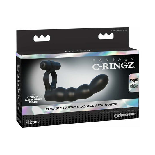 PIPEDREAM - FANTASY C-RINGZ POSABLE PARTNER DOUBLE PENETRATOR VIBRATING COCKRING BLACK
