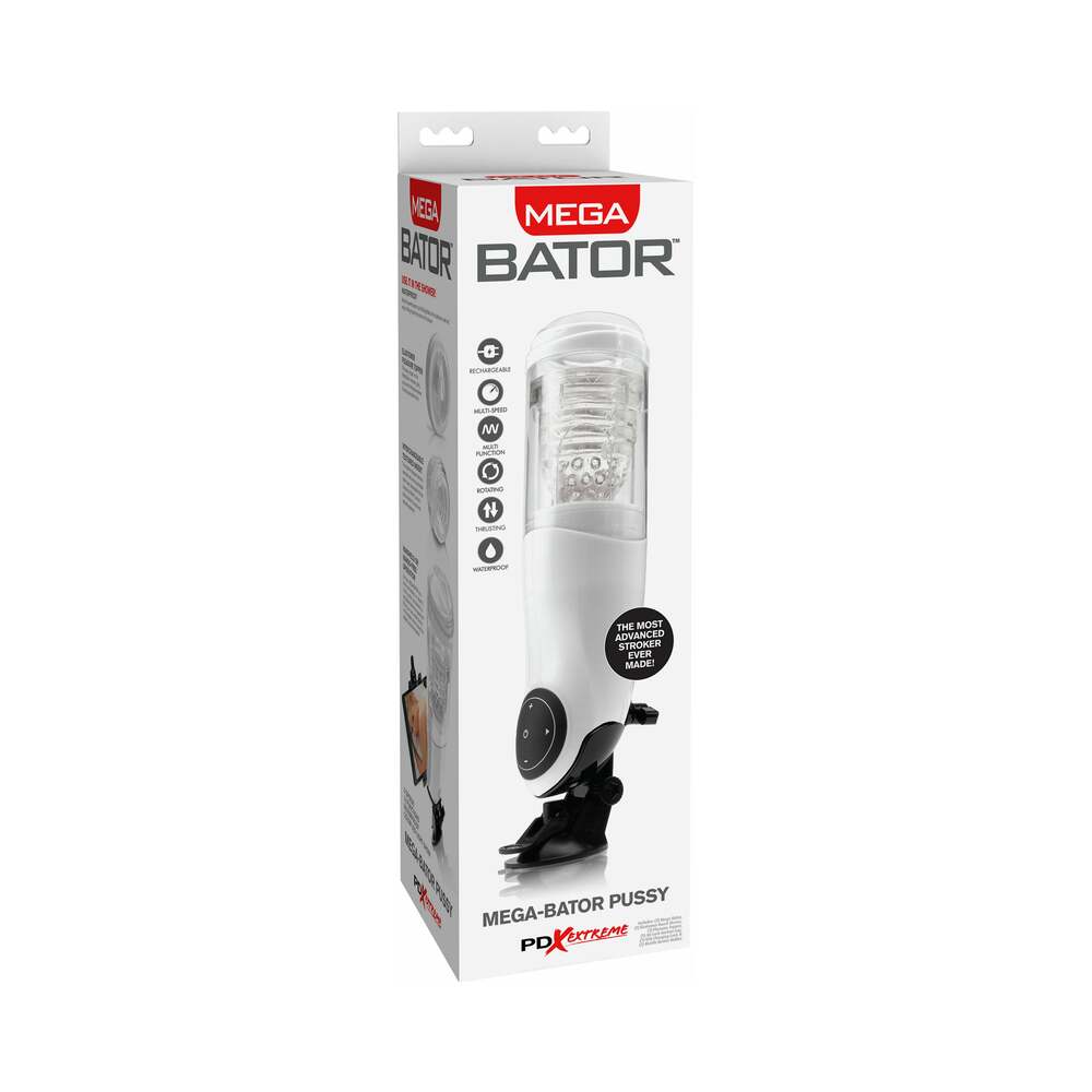 PDX BRANDS - PDX MEGA-BATOR PUSSY ROTATING THRUSTING STROKER WITH SUCTION CUP CLEAR/WHITE