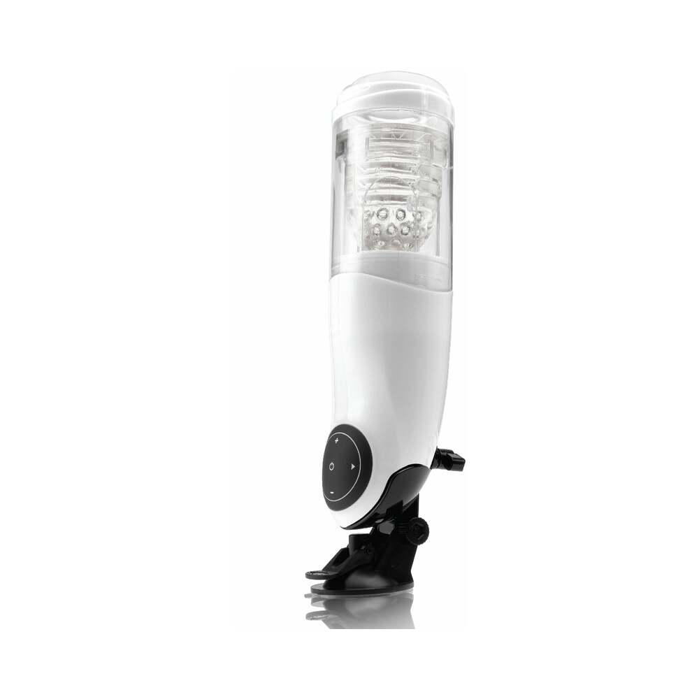 PDX BRANDS - PDX MEGA-BATOR PUSSY ROTATING THRUSTING STROKER WITH SUCTION CUP CLEAR/WHITE