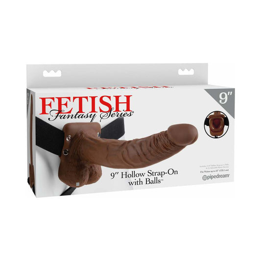 PIPEDREAM - FETISH FANTASY SERIES 9 IN. HOLLOW STRAP-ON WITH BALLS BROWN/BLACK