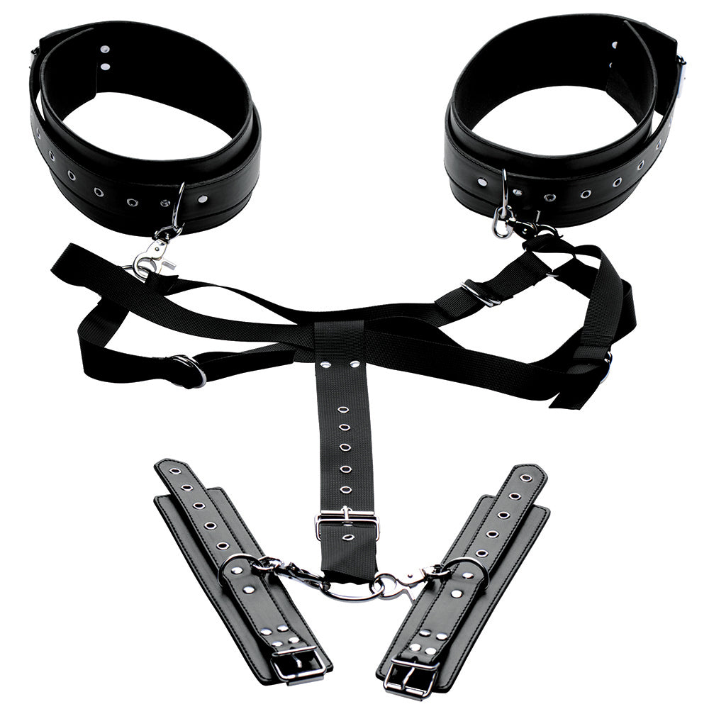 XR BRANDS - MASTER SERIES ACQUIRE EASY ACCESS THIGH HARNESS WITH WRIST CUFFS