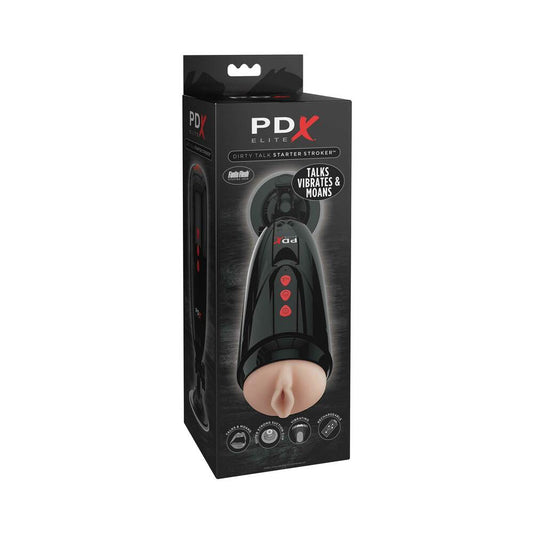 PDX BRANDS - PDX ELITE DIRTY TALK RECHARGEABLE VIBRATING STARTER STROKER WITH HANDS-FREE SUCTION CUP BEIGE/BLACK