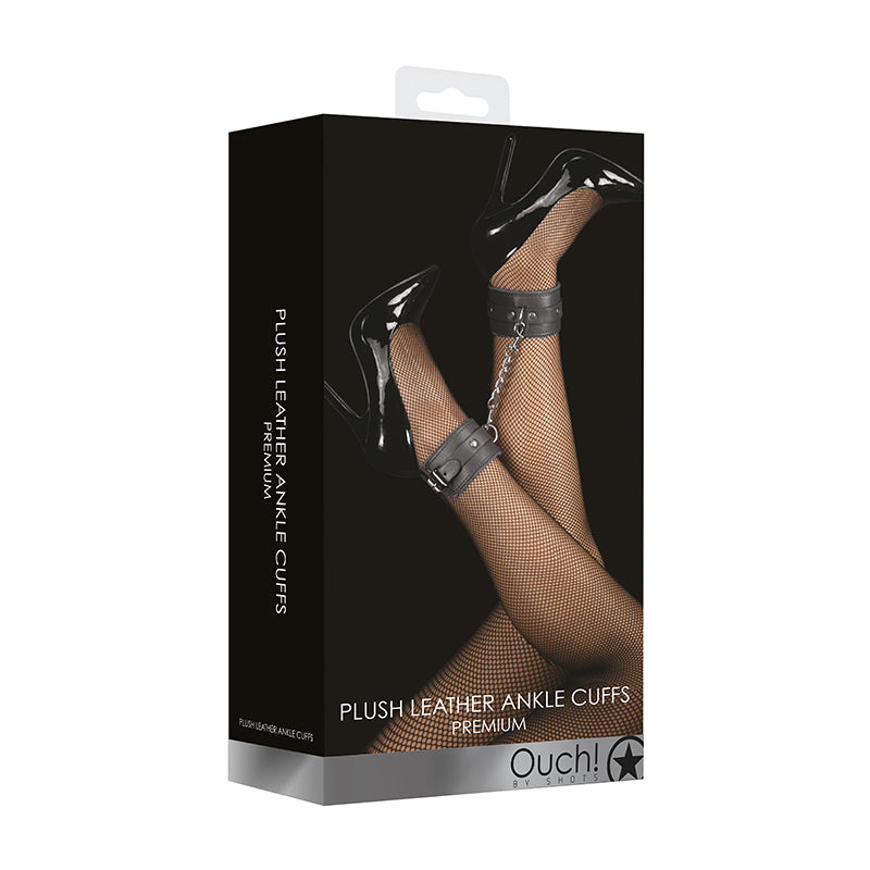 SHOTS - OUCH! PREMIUM PLUSH LEATHER ADJUSTABLE ANKLE CUFFS BLACK