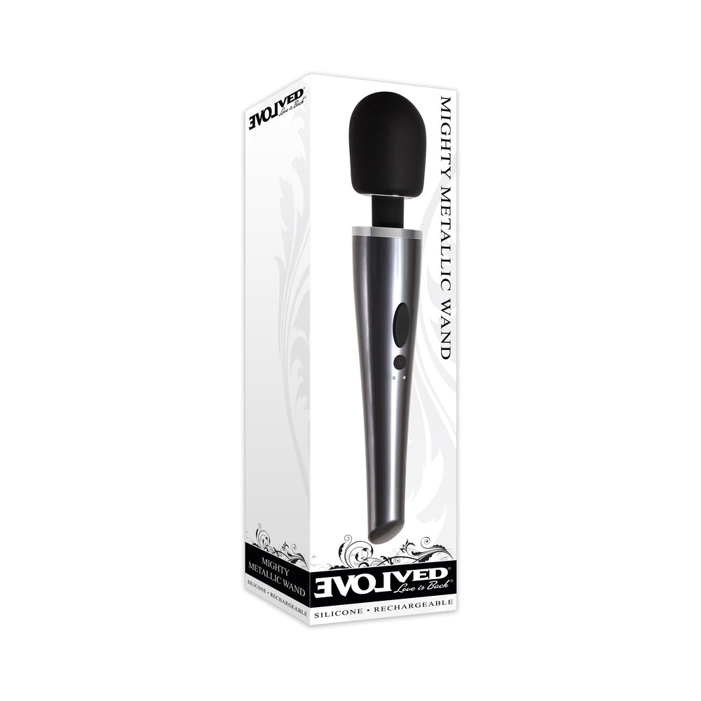 EVOLVED - MIGHTY METALLIC WAND VIBRADOR DE VARINHA RECARREGÁVEL EM SILICONE CROMO/PRETO