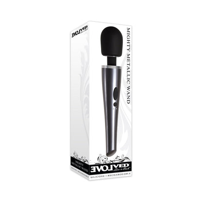 EVOLVED - MIGHTY METALLIC WAND VIBRADOR DE VARINHA RECARREGÁVEL EM SILICONE CROMO/PRETO