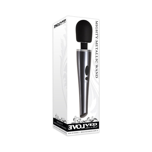 EVOLVED - MIGHTY METALLIC WAND VIBRADOR DE VARINHA RECARREGÁVEL EM SILICONE CROMO/PRETO