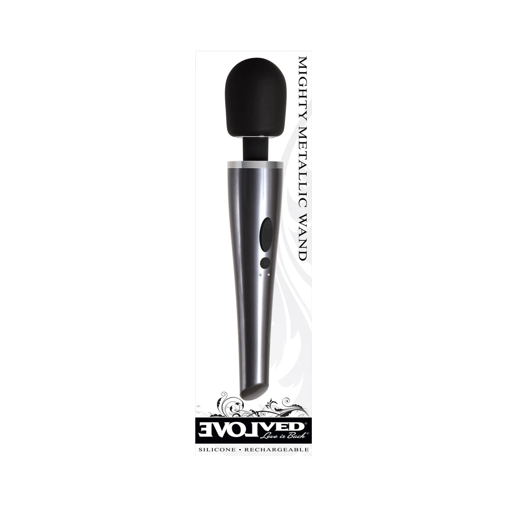EVOLVED - MIGHTY METALLIC WAND VIBRADOR DE VARINHA RECARREGÁVEL EM SILICONE CROMO/PRETO
