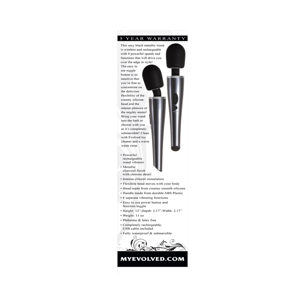 EVOLVED - MIGHTY METALLIC WAND VIBRADOR DE VARINHA RECARREGÁVEL EM SILICONE CROMO/PRETO
