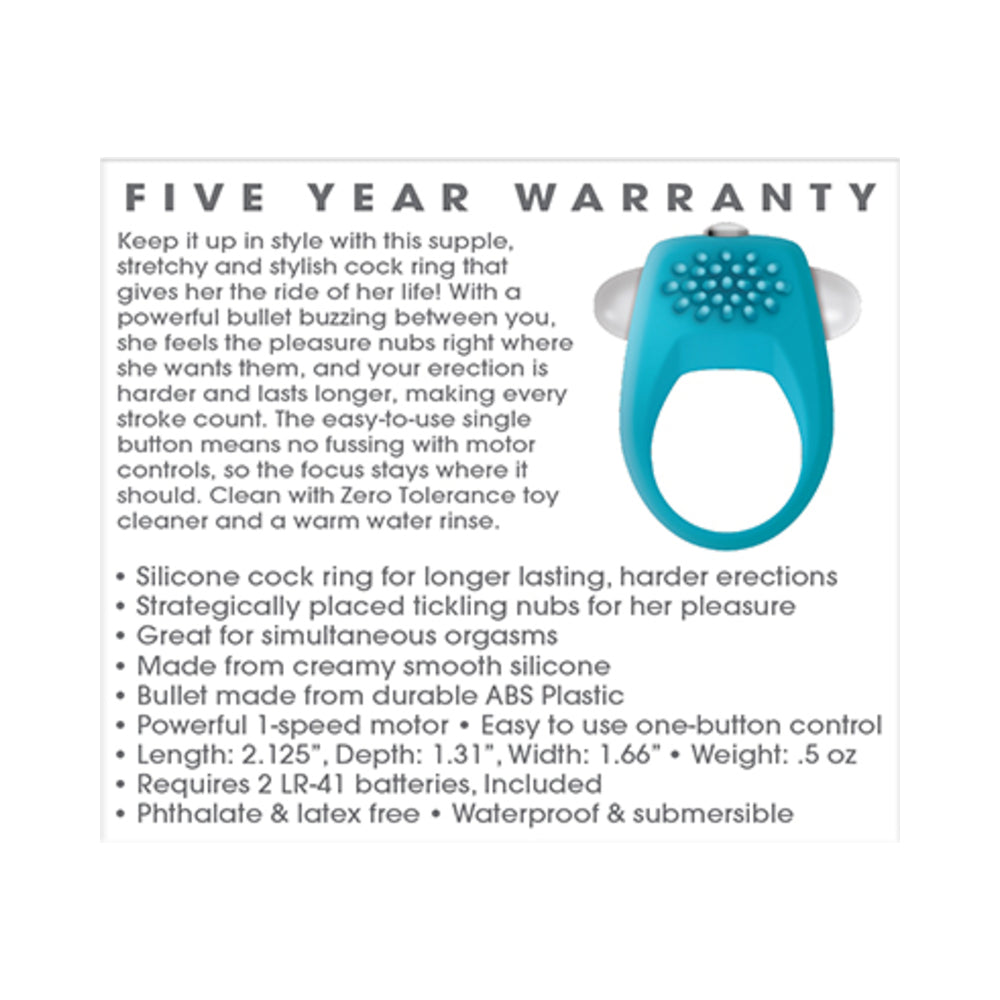 ZERO TOLERANCE - TEAL TICKLER SINGLE-SPEED VIBRATING SILICONE COCK RING TEAL