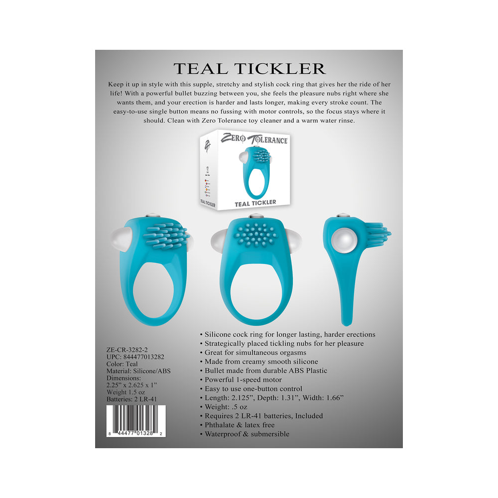 ZERO TOLERANCE - TEAL TICKLER SINGLE-SPEED VIBRATING SILICONE COCK RING TEAL