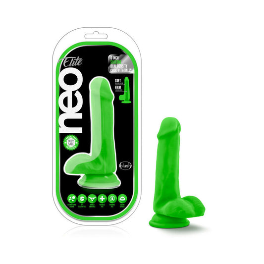 BLUSH - NEO ELITE 6 IN. SILICONE DUAL DENSITY DILDO WITH BALLS NEON GREEN