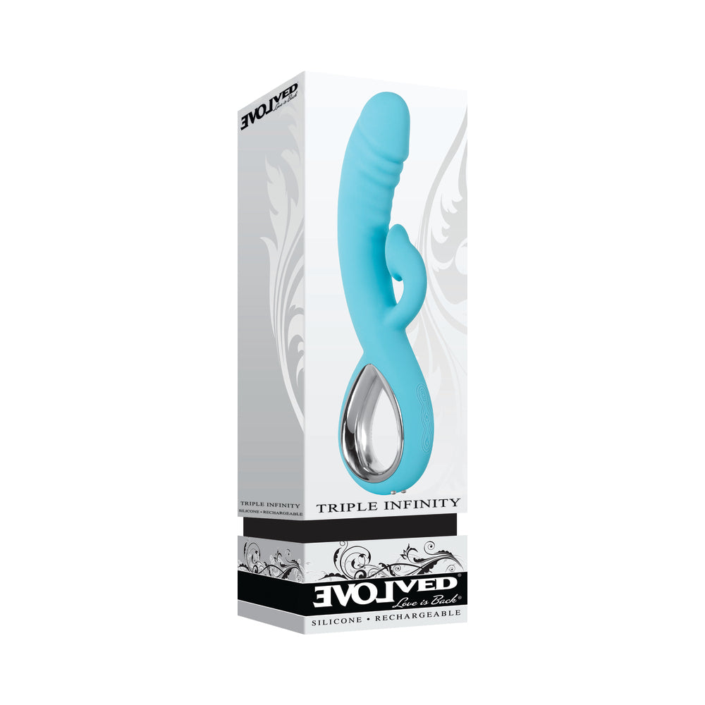 EVOLVED - TRIPLE INFINITY RECHARGEABLE HEATING SUCTION SILICONE DUAL STIMULATOR BLUE