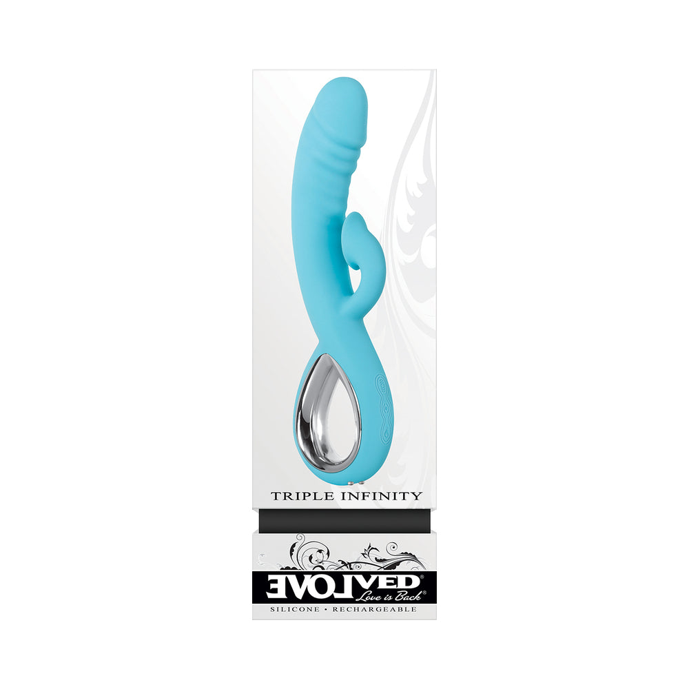 EVOLVED - TRIPLE INFINITY RECHARGEABLE HEATING SUCTION SILICONE DUAL STIMULATOR BLUE
