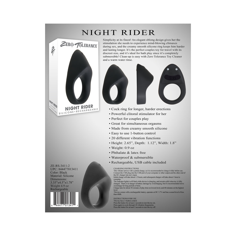 ZERO TOLERANCE - ANEL PENIAN VIBRATÓRIO RECARREGÁVEL EM SILICONE NIGHT RIDER PRETO