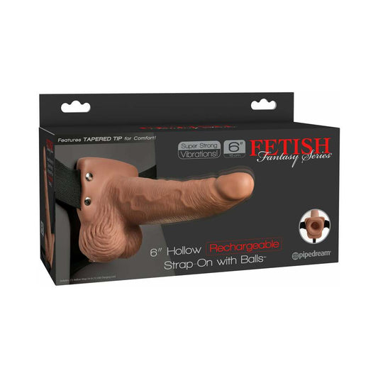 PIPEDREAM - FETISH FANTASY SERIES RECHARGEABLE VIBRATING 6 IN. HOLLOW STRAP-ON WITH BALLS TAN/BLACK