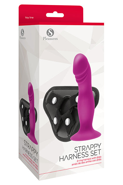 S PLEASURES - STRAPPY HARNESS SET - 2 RING HARNESS WITH DILDO PINK