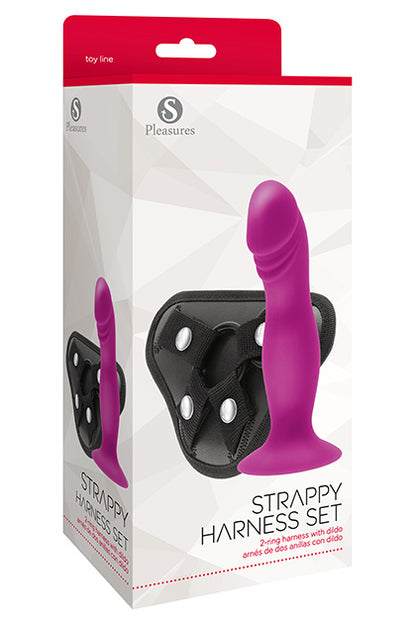 S PLEASURES - STRAPPY HARNESS SET - 2 RING HARNESS WITH DILDO PINK