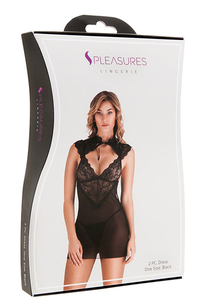 S PLEASURES LINGERIE - BLACK FLORAL LACE DRESS OS