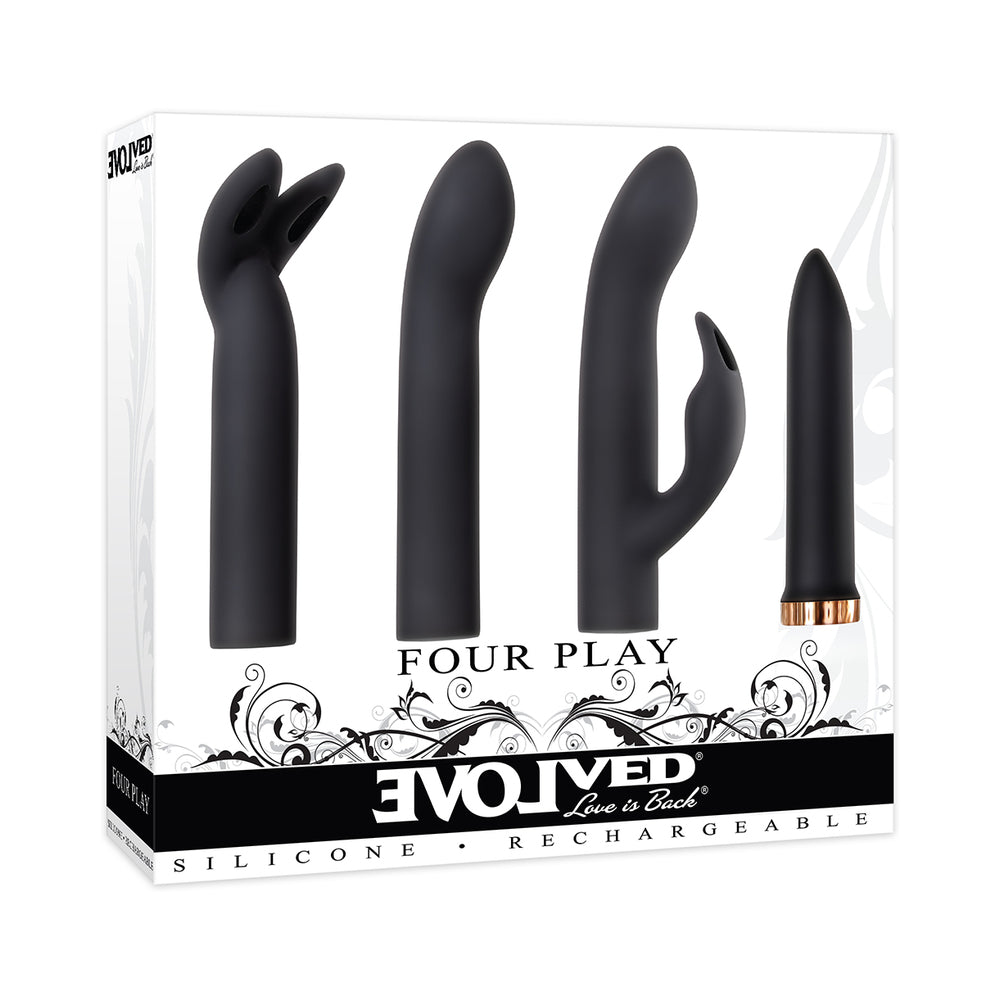 EVOLVED - VIBRADOR BULLET RECARREGÁVEL DE SILICONE FOUR PLAY E CONJUNTO DE 3 PEÇAS DE MANGA PRETO