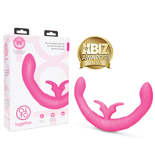 TOGETHER TOY - BRINQUEDO PARA CASAIS TOGETHER COM FUNÇÃO ECHO, VIBRADOR TIPO COELHO DE PONTA DUPLA EM SILICONE RECARREGÁVEL ROSA