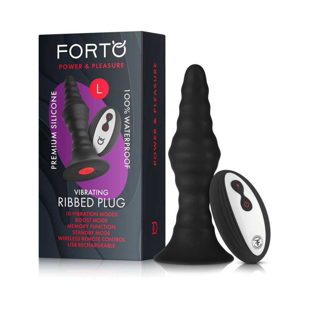 FORTO - RECHARGEABLE VIBRATING RIBBED ANAL PLUG WITH REMOTE CONTROL, LARGE, BLACK