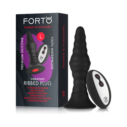 FORTO - RECHARGEABLE VIBRATING RIBBED ANAL PLUG WITH REMOTE CONTROL, LARGE, BLACK