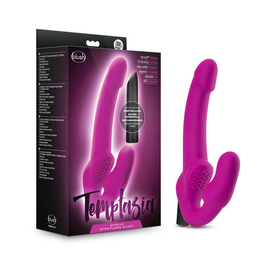 BLUSH - DILDO STRAP-ON DE SILICONE SEM ARNÊS TEMPTASIA ESTELLA 9,5 POL. COM VIBRADOR BULLET COR-DE-ROSA