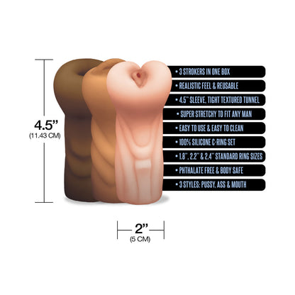 GLOBAL NOVELTIES - HAPPY ENDING MSTR B8 SIX PACK: ANAL, ORAL, VAGINAL STROKER WITH 3 RINGS