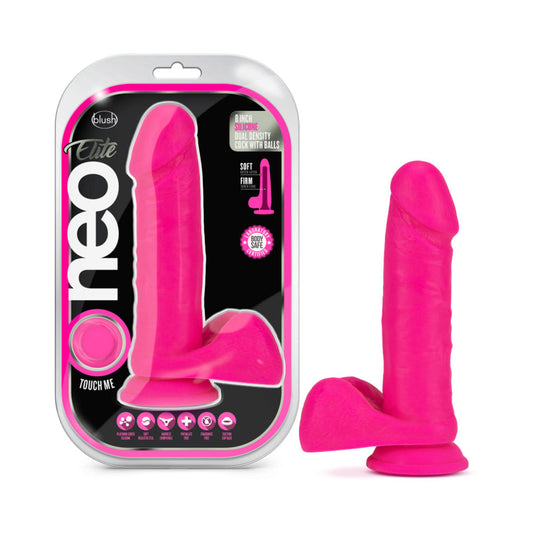 BLUSH - NEO ELITE 8 IN. SILICONE DUAL DENSITY DILDO WITH BALLS NEON PINK