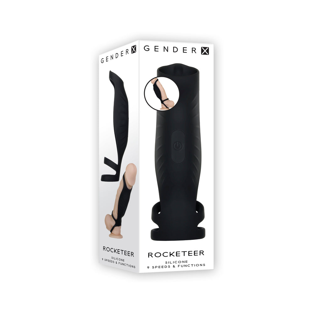 GENDER X - ROCKETEER RECHARGEABLE TRIPLE-RING VIBRATING SILICONE PENIS SHEATH BLACK