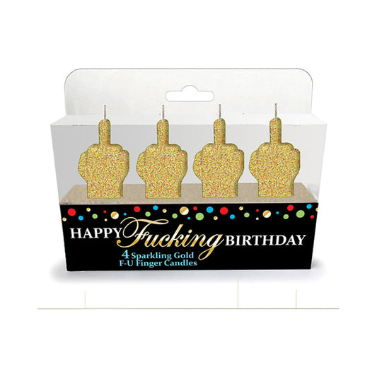 LITTLE GENIE - PACK DE 4 VELAS GLITTER "HAPPY FUCKING BIRTHDAY" COM DEDO DO MEIO