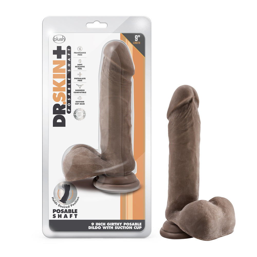 BLUSH - DR. SKIN PLUS THICK 9 IN. TRIPLE DENSITY POSABLE DILDO WITH BALLS BROWN