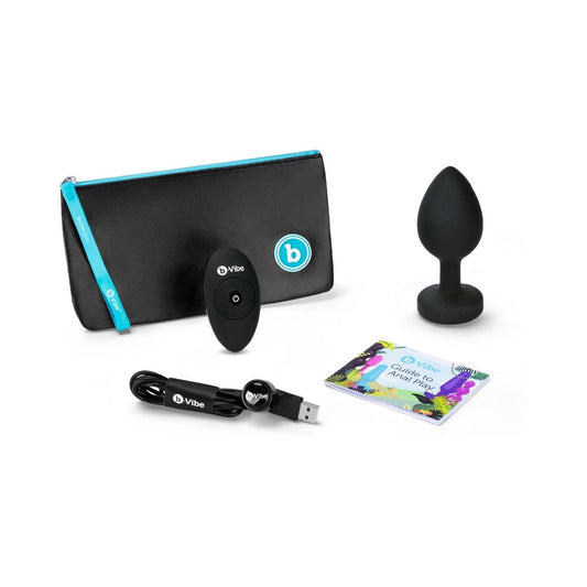 B-VIBE - PLUG ANAL VIBRATÓRIO RECARREGÁVEL COM CONTROLO REMOTO E BASE COM GEMA DIAMANTE NEGRO XX-LARGE