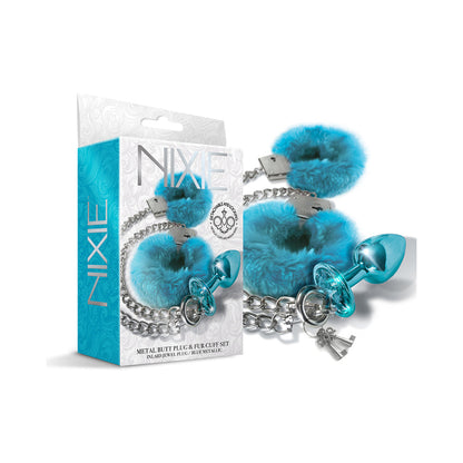 GLOBAL NOVELTIES - NIXIE METAL BUTT PLUG & FURRY HANDCUFF SET MEDIUM BLUE METALLIC