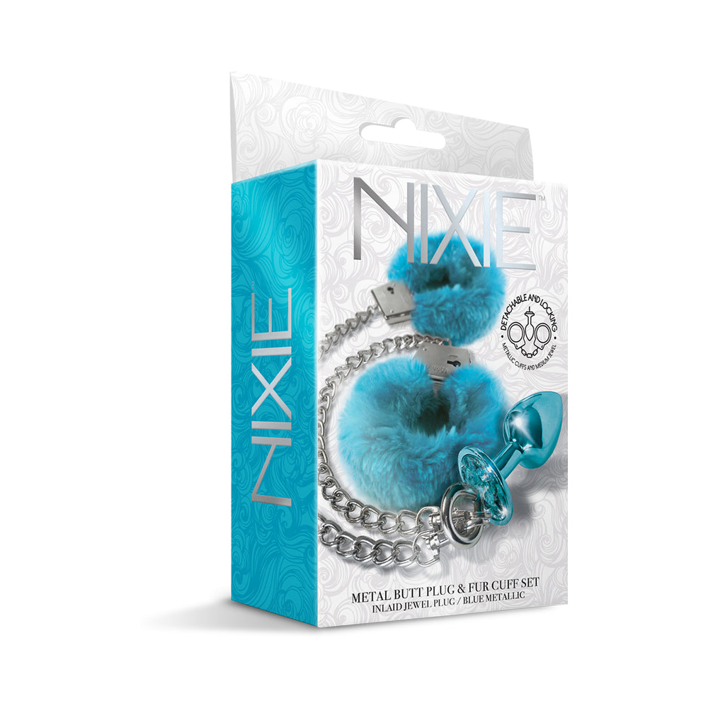 GLOBAL NOVELTIES - NIXIE METAL BUTT PLUG & FURRY HANDCUFF SET MEDIUM BLUE METALLIC