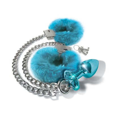 GLOBAL NOVELTIES - NIXIE METAL BUTT PLUG & FURRY HANDCUFF SET MEDIUM BLUE METALLIC