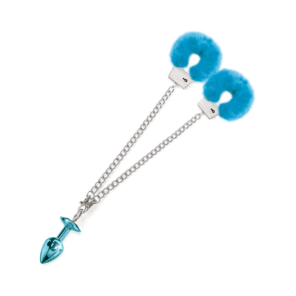 GLOBAL NOVELTIES - NIXIE METAL BUTT PLUG & FURRY HANDCUFF SET MEDIUM BLUE METALLIC