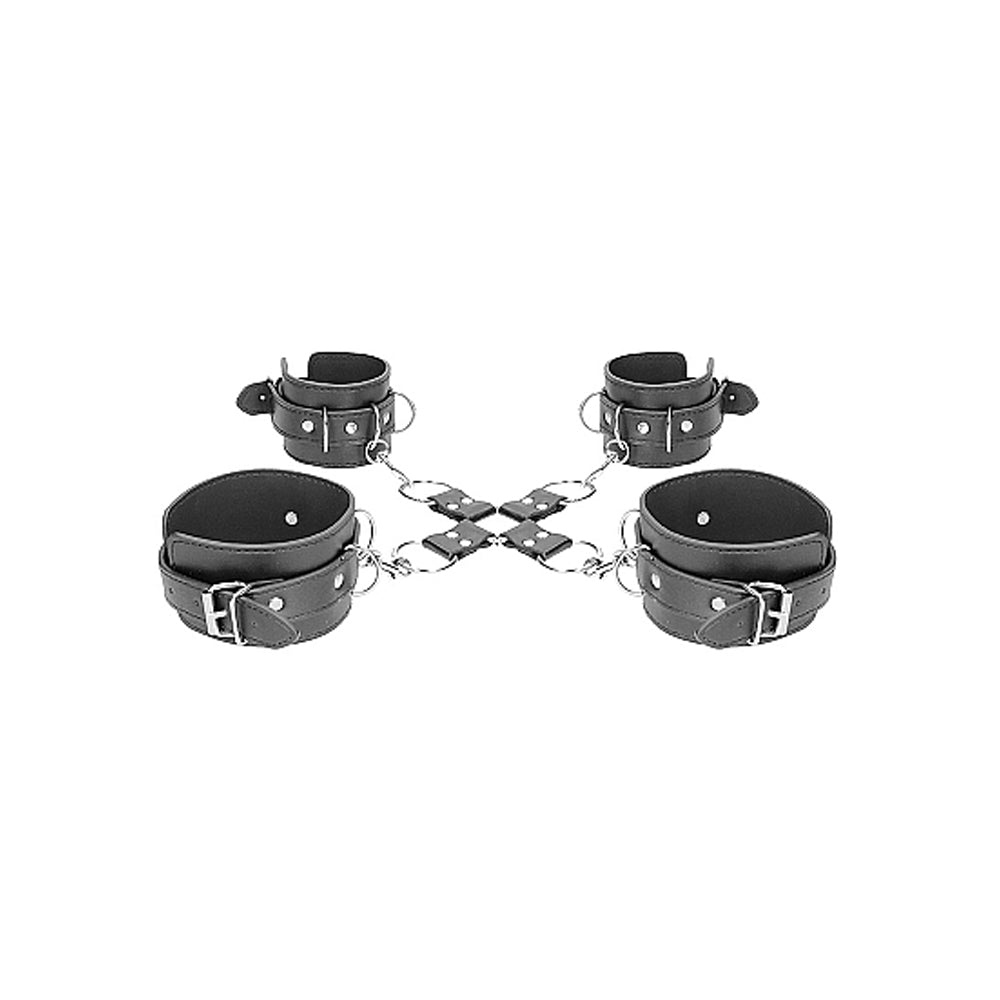 SHOTS - OUCH! BLACK & WHITE BONDED LEATHER HOGTIE WITH HAND & ANKLE CUFFS BLACK