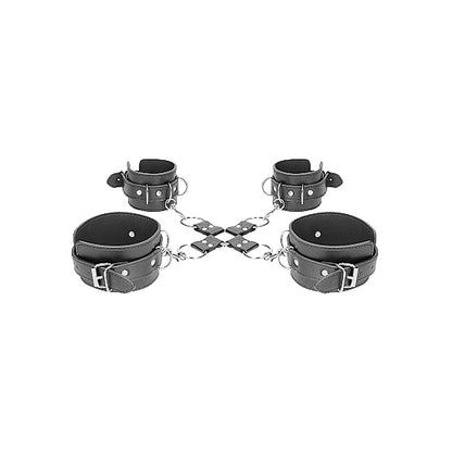 SHOTS - OUCH! BLACK & WHITE BONDED LEATHER HOGTIE WITH HAND & ANKLE CUFFS BLACK