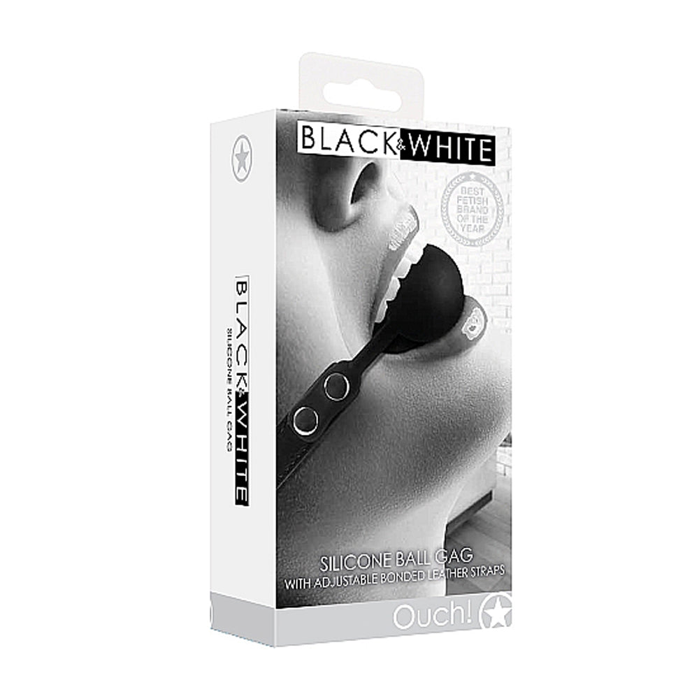 SHOTS - OUCH! BLACK & WHITE SILICONE BALL GAG WITH ADJUSTABLE BONDED LEATHER STRAPS BLACK