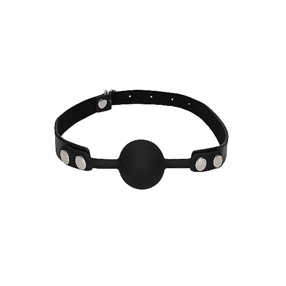 SHOTS - OUCH! BLACK & WHITE SILICONE BALL GAG WITH ADJUSTABLE BONDED LEATHER STRAPS BLACK