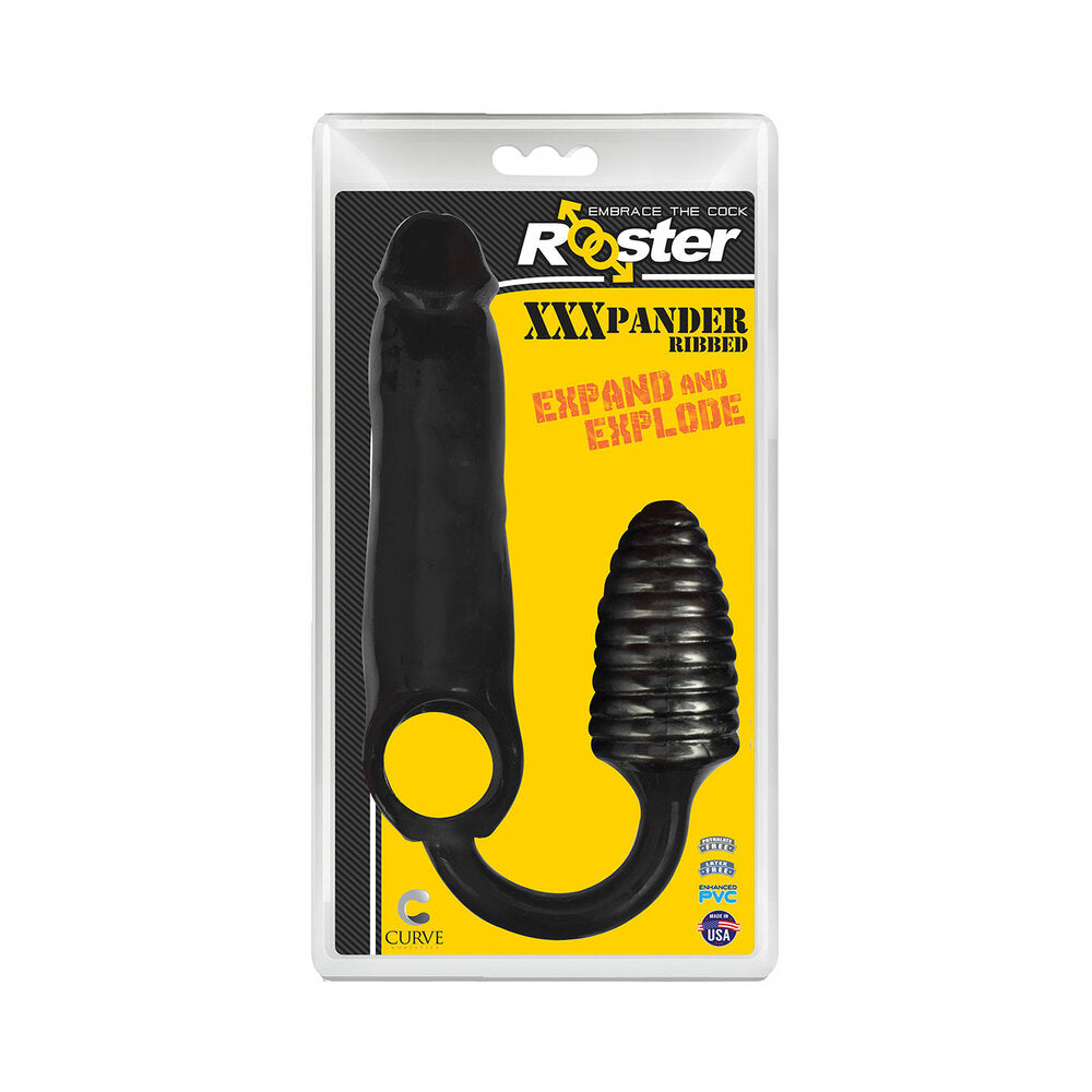 CURVE NOVELTIES - CURVE TOYS ROOSTER XXXPANDER EXTENSOR DE PENIANO ESTRIADO COM ANEL E ANAL PLUG PRETO