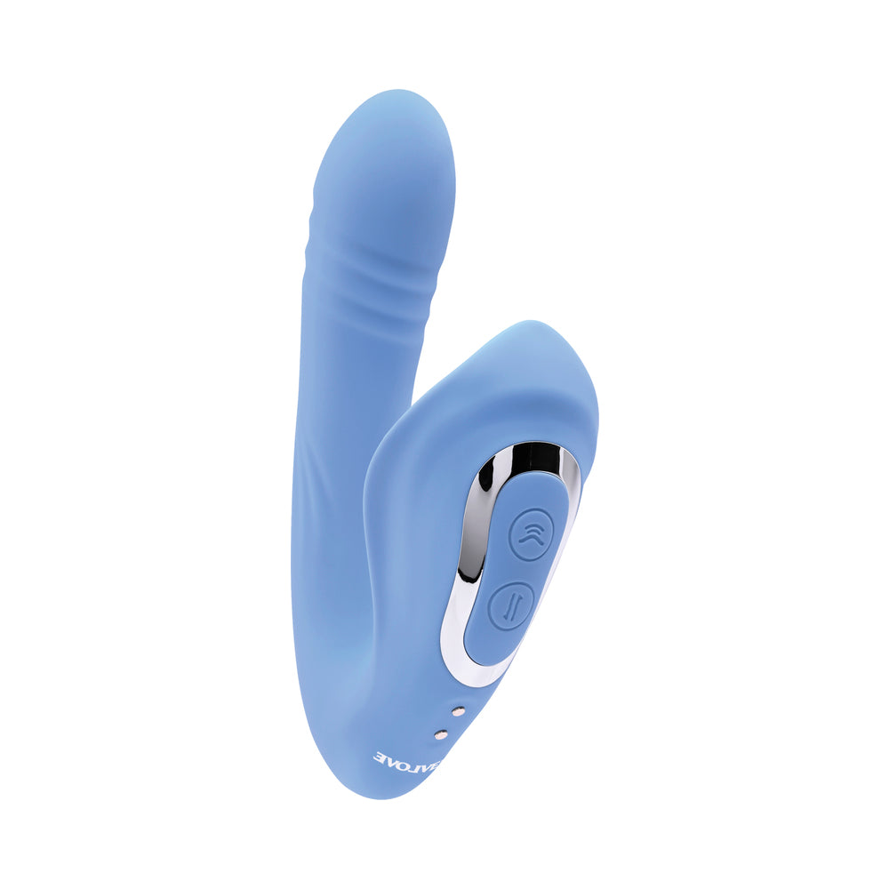 EVOLVED - TAP & THRUST RECHARGEABLE THRUSTING PULSING SILICONE DUAL STIMULATOR BLUE