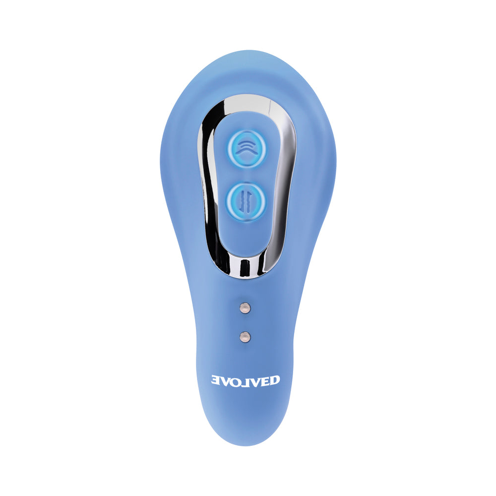EVOLVED - TAP & THRUST RECHARGEABLE THRUSTING PULSING SILICONE DUAL STIMULATOR BLUE